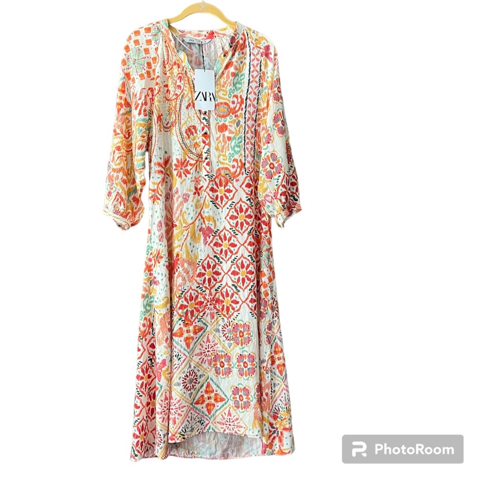 ZARA Women's Floral Midi Tunic Dress Flounce Hem Orange Size Small.